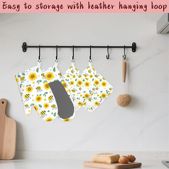 Cute Bee Sunflower Heat-Resistant Silicone Oven Mitts and Pot Holders 4 Piece - Image 5
