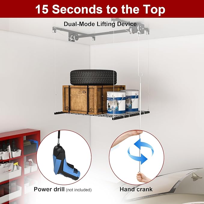 Overhead Garage Storage Rack 4x4 FT, Adjustable Ceiling Lift Storage System - Image 6