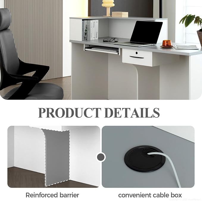 L Shape Reception Desk with Counter, Lockable Drawer, Keyboard Tray, and - Image 4