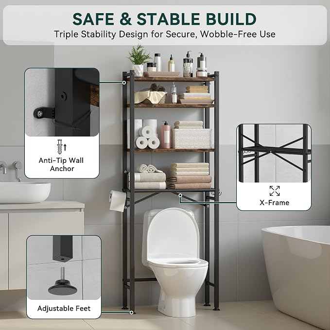 GloTika 4-Tier Over The Toilet Storage, 69.3" H, 150lb Capacity, Carbon Steel - Image 5