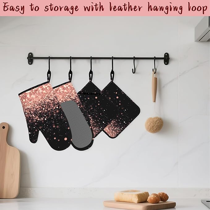 Rose Gold Glitter Silicone Oven Mitts and Pot Holders, Heat-Resistant 4 Piece - Image 5