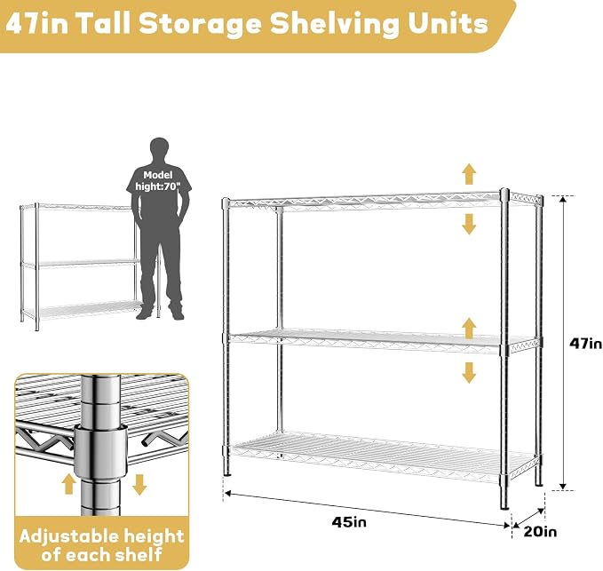 Storage Shelves Heavy Duty, 3-Tier Adjustable Metal Industrial Utility Shelf - Image 3