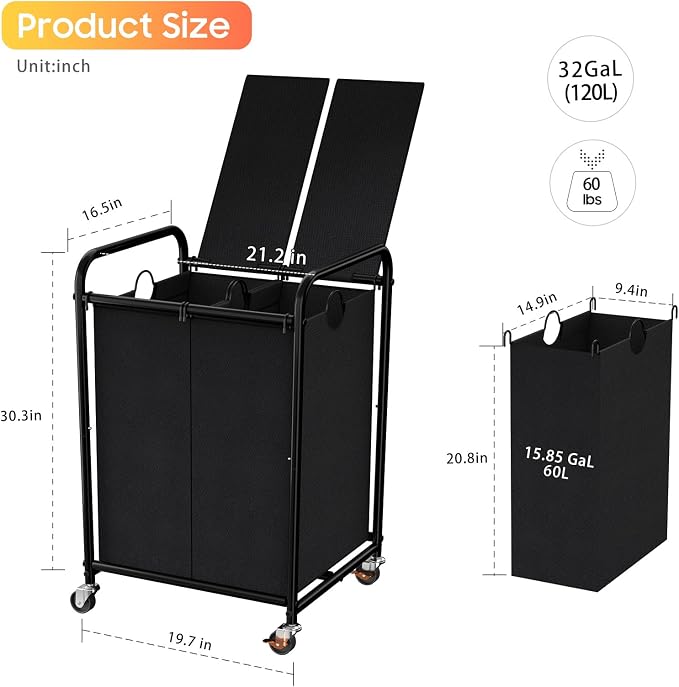 120L Laundry Sorter 2 Section, Rolling Laundry Basket - Image 2