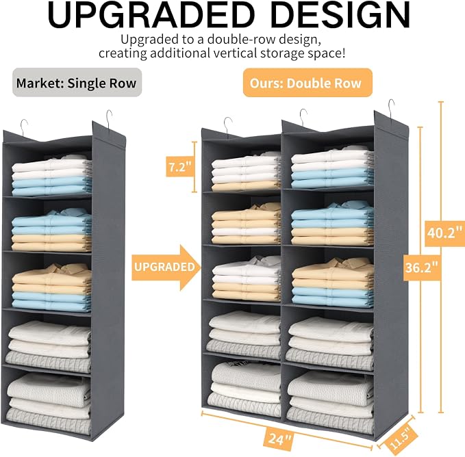 5 Shelves Hanging Closet Organizer – Foldable Dual-Row Hanging Clothes Storage - Image 2