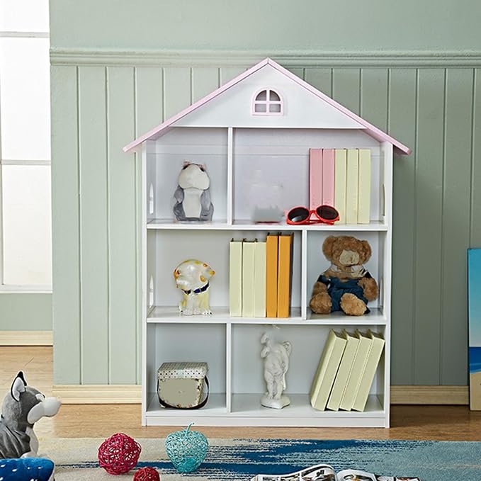 Wooden Dollhouse Bookshelf 4-Tier Kids Bookcase, Toy Storage Organizer & - Image 8