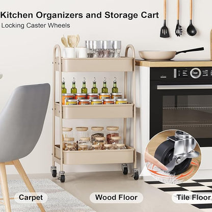 Beige 3 Tier Rolling Cart Metal on Wheels, Three Tiered Storage Organizer - Image 6