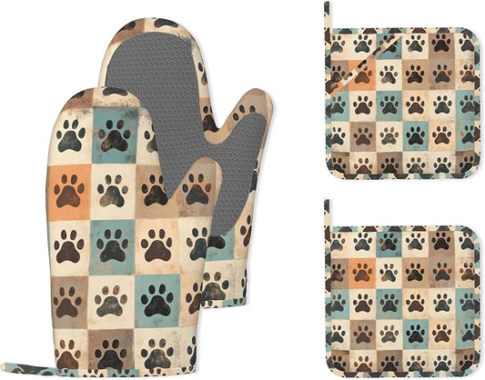 Cute Paw Print Heat-Resistant Silicone Oven Mitts and Pot Holder 4 Piece Set by Unknown