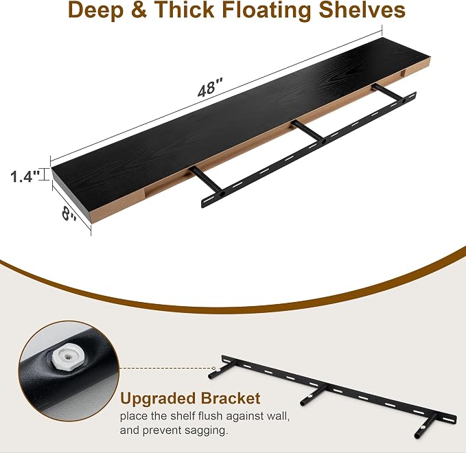 Black Floating Shelves 48 Inch Long, 8 Deep Floating Shelves - Image 3