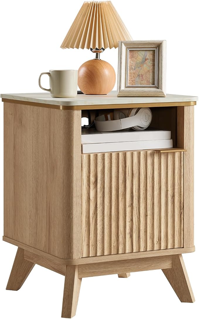QUW Fluted Nightstands with Charging Station, Wooden Bedside Table with Faux - Image 9