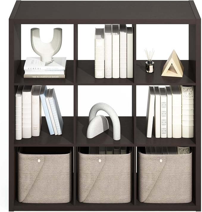 Furinno Simple 9-Cube Storage Organizer, Display Shelf, Dark Oak | Extra Thick - Image 6