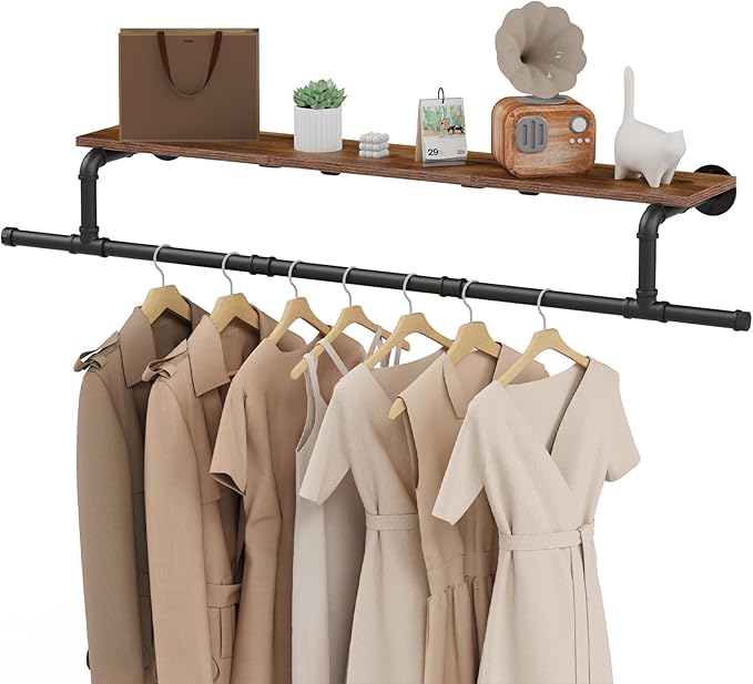 Wooden, Space Saver Wall Mounted Garment Rack, Heavy Duty Iron Industrial Pipe by YheenLf