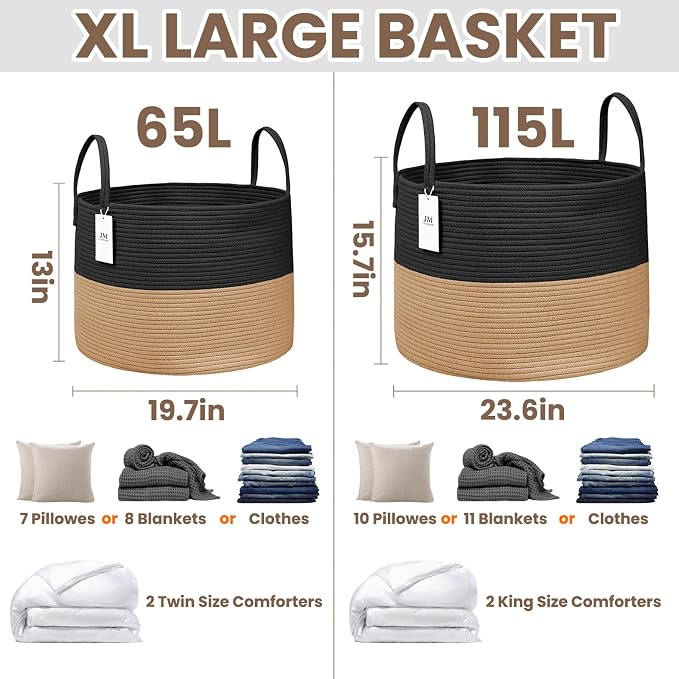 JMvicyroam 65L Extra Large Machine Washable Cotton Rope Blanket Basket | - Image 3