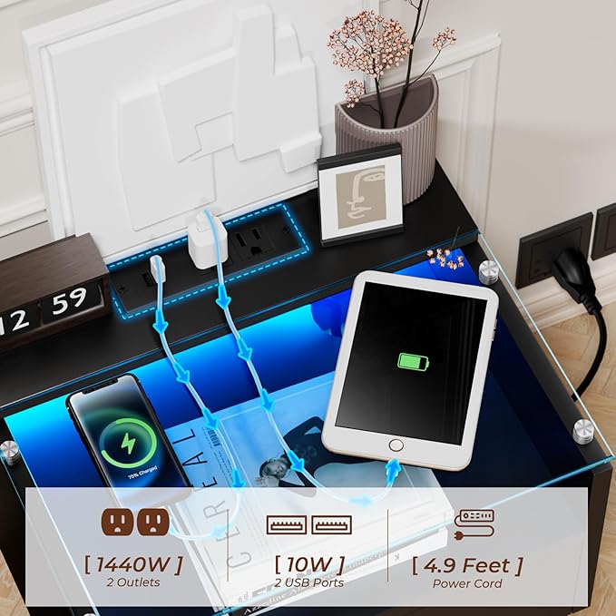 Loomie Black Floating Nightstands Set of 2, 18.9” Bedside Table w/Charging - Image 3