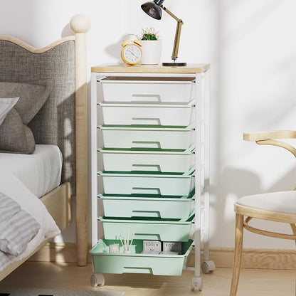 Rolling Cart with 8 Drawers, Storage Drawers Cart with Wooden Tabletop and - Image 7