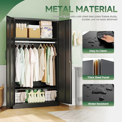 Metal Wardrobe Cabinets with Lock, Clothing Locker 72" X 36" X 18" Storage - Image 9