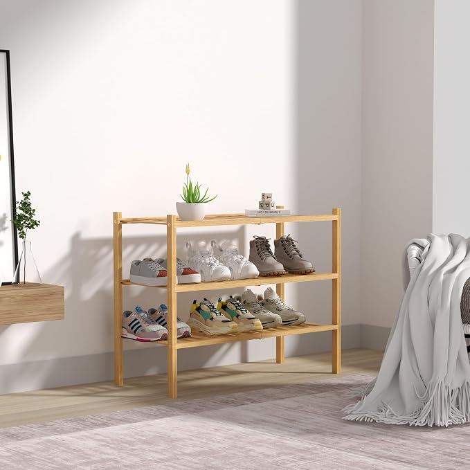 3 Tier Bamboo Shoe Rack for Closet Free Standing Wood Shoe Shelf Storage - Image 7