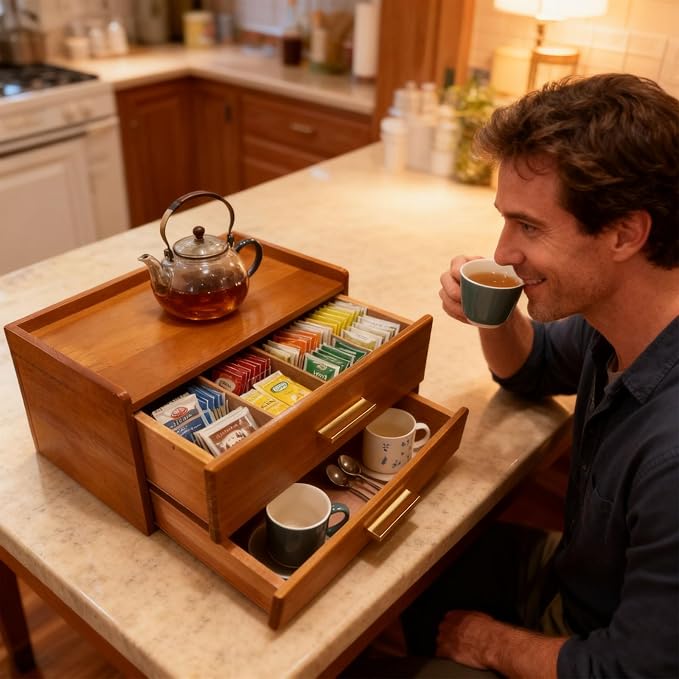 Wooden Tea Bag Organizer, Acacia Drawer Wood Storage Box, Teabag Holder - Image 5