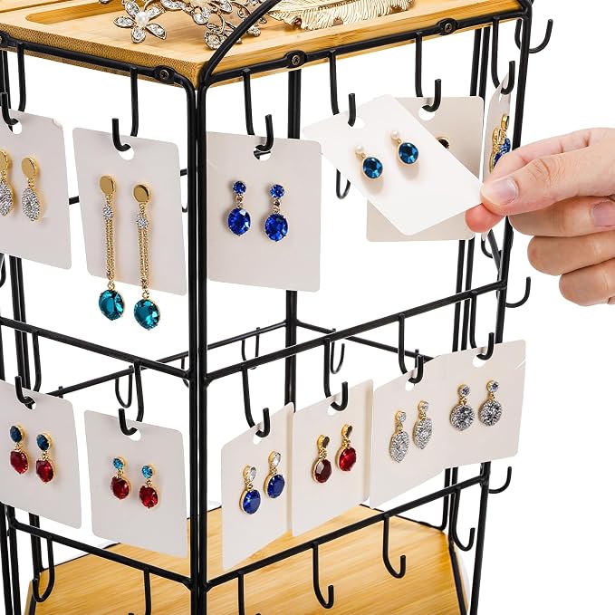 Rotating Earring Display Stand for Vendors, 48 Hooks Hexagon Bamboo Jewelry - Image 5