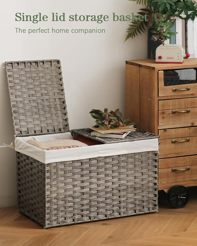 SETVSON Storage Basket with Lid PE Rattan 27.8 Gal Wicker Chest, 2 Removable - Image 2