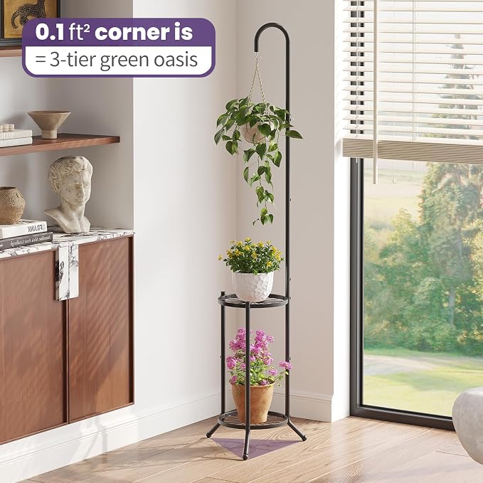 2 Tier Hanging Plant Stand, Indoor Outdoor Corner Plant Shelf, Space-Saving - Image 4