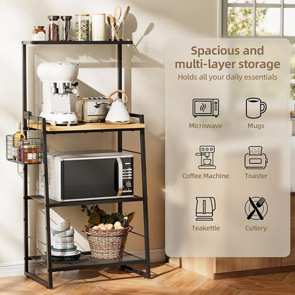 Bakers Rack with Foldable Basket, Large 4 Tiers Coffee Bar Station, Kitchen - Image 8