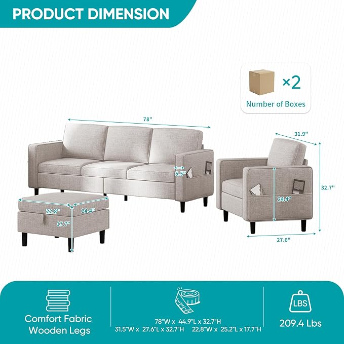 BALUS 78" Living Room Couches Set, 3 Seater Sofa - Image 2