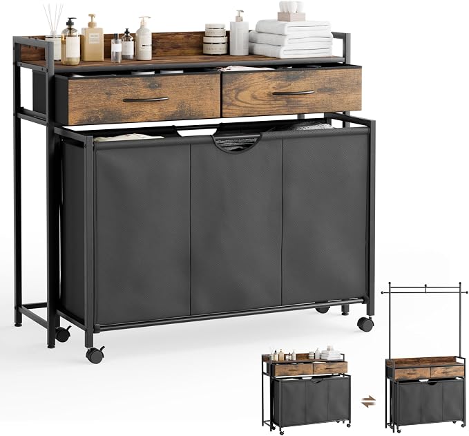 Mondeer Laundry Sorter with 2 Drawers and Hanging Rack, 150L Laundry Hamper - Image 2