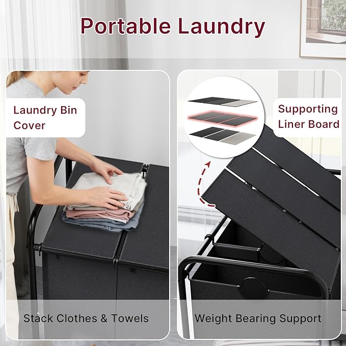 180L Laundry Sorter 3 Section – Heavy Duty Rolling Laundry Basket - Image 5