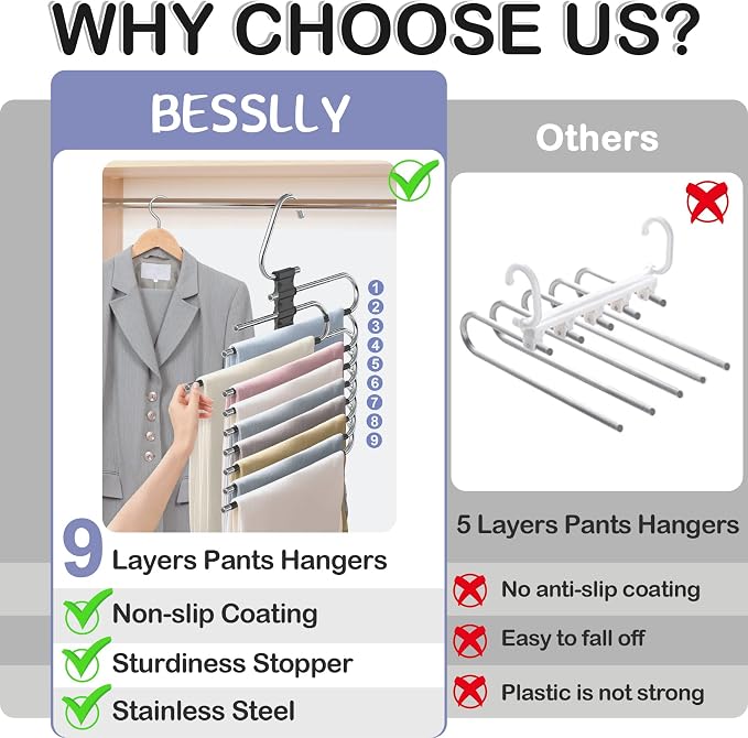 Upgrade 9 Layers Pant Hangers Space Saving, Non Slip Stainless Steel - Image 7