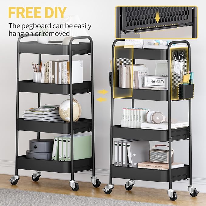 TOOLF 4 Tier Rolling Cart with Pegboard, Metal Storage Organizer Cart with - Image 6