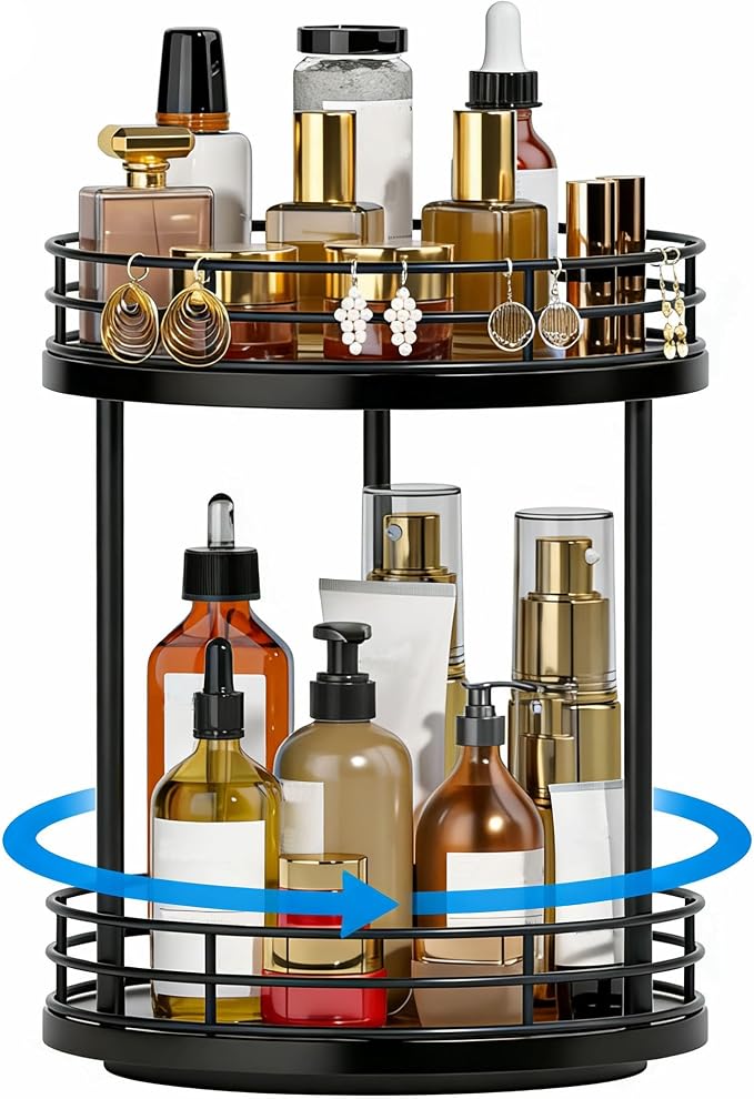 2-Tier Rotating Bathroom Countertop Organizer, Wooden Makeup Vanity Storage by Yelinkws