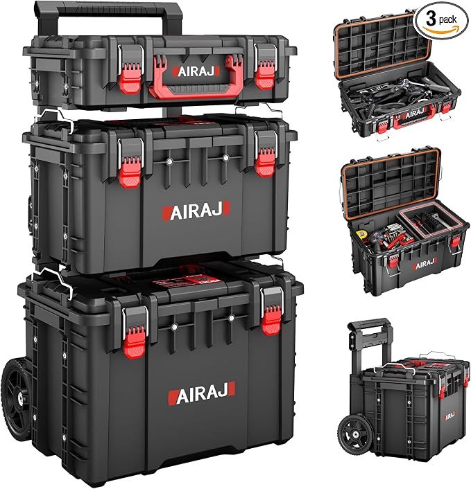 Rolling Tool Box with Wheels Heavy Duty, Modular Stackable Tool Box Organizer by AIRAJ