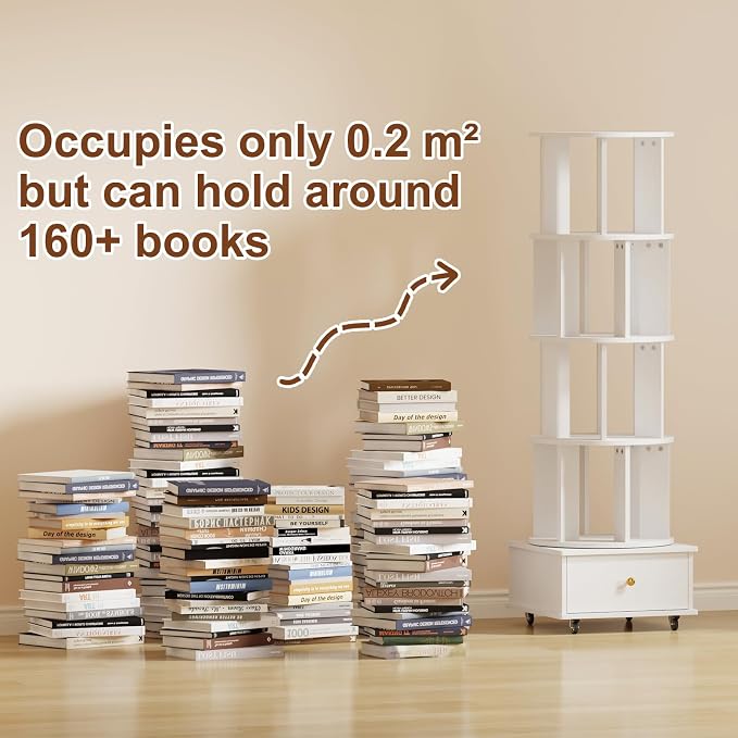 4-Tier Rotating Bookshelf with Drawers on Wheels, 360° Spinning Corner Bookcase - Image 7