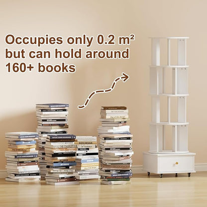 4-Tier Rotating Bookshelf with Drawers on Wheels, 360° Spinning Corner Bookcase - Image 7
