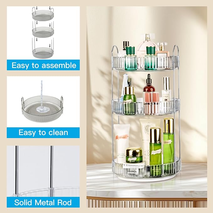 360 Rotating Makeup Organizer, 3 Tier Large Capacity Lazy Susan Bathroom - Image 4
