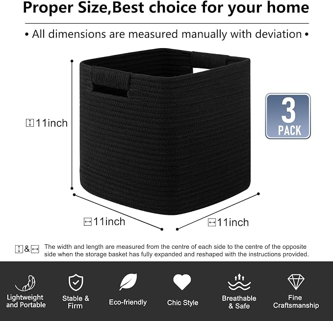 OIAHOMY Storage Cubes 11 Inch Storage Bins-3-Pack, Cotton Rope Woven Baskets - Image 4