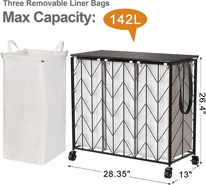 WOWLIVE Laundry Basket with Wheels, 142L Laundry Hamper 3 Section with Lid - Image 4