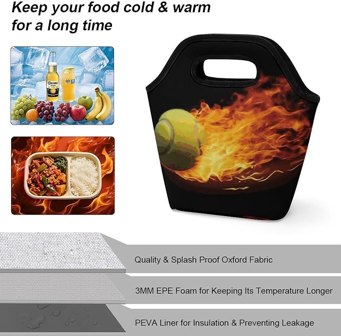 Burning Tennis Pictures Lunch Bag Cooler Bag Tote Bags | Reusable Portable - Image 4