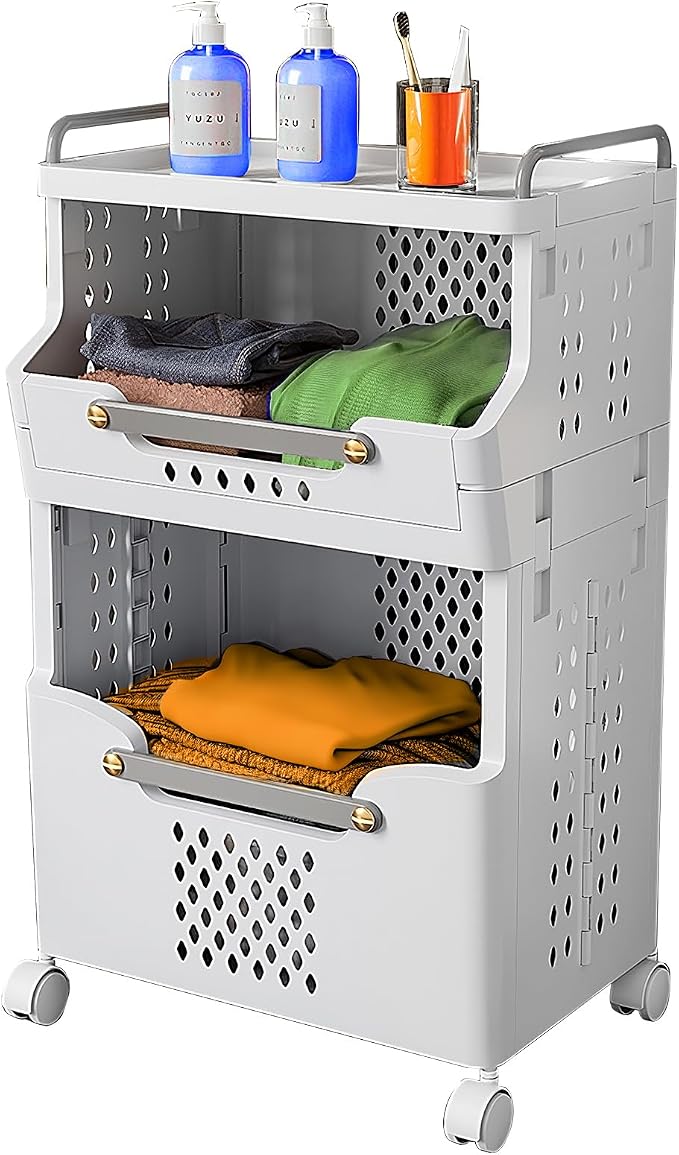 Laundry Basket with Wheels, Rolling Folding Laundry Hamper, utility cart by pupustar