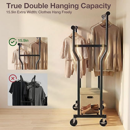 Clothes Rack, Double Rods Rolling Clothing Rack - Image 3