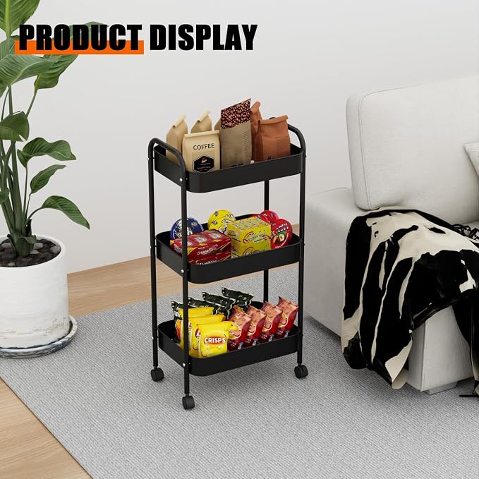3-Tier Metal Utility Rolling Cart, Living Room, Movable Storage Organizer - Image 3
