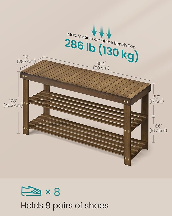 SONGMICS Shoe Rack Bench, 3-Tier Bamboo Shoe Storage Organizer, Entryway Bench - Image 3
