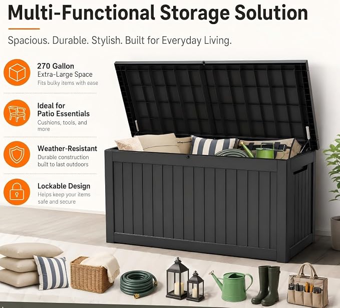 270 Gallon Extra Large Deck Box Outdoor, Resin Storage Box Outdoor Waterproof - Image 3