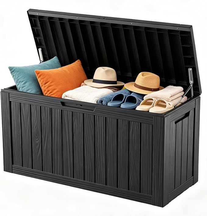 98 Gallon Large Deck Box, Waterproof Resin Outdoor Storage Box Lockable by Unknown