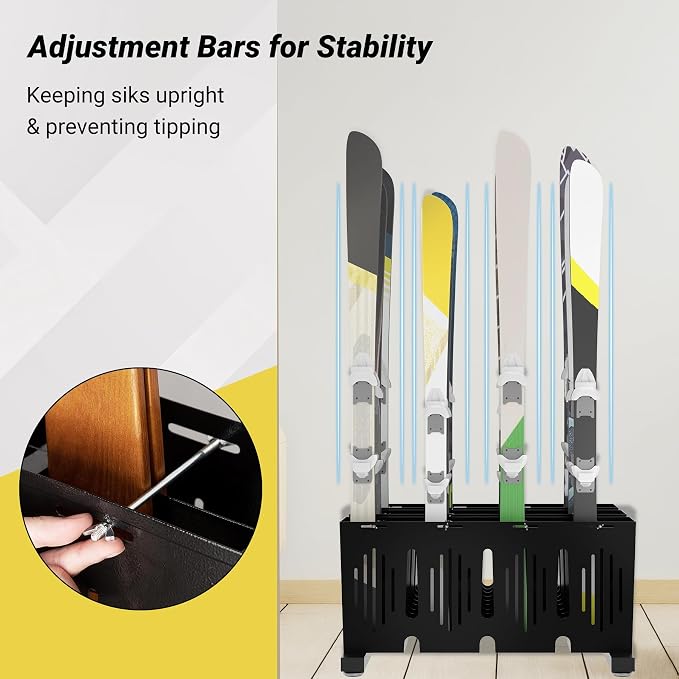 12-Pair Ski Storage Rack w/Width-Adjustable Fixing Bars, Heavy Duty Metal - Image 3