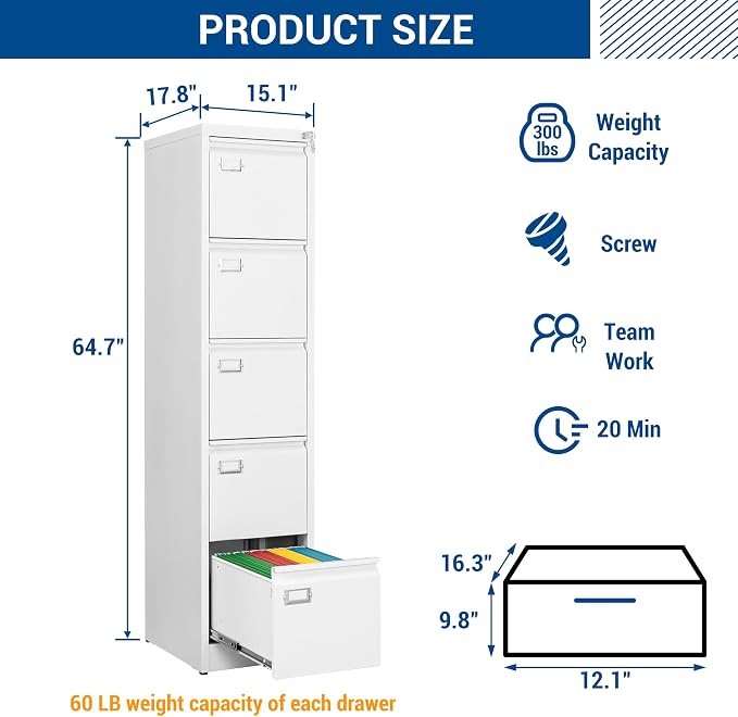 File Cabinets - 5 Drawers Vertical 17.8" Deep Lockable Filing Cabinet - White - Image 3