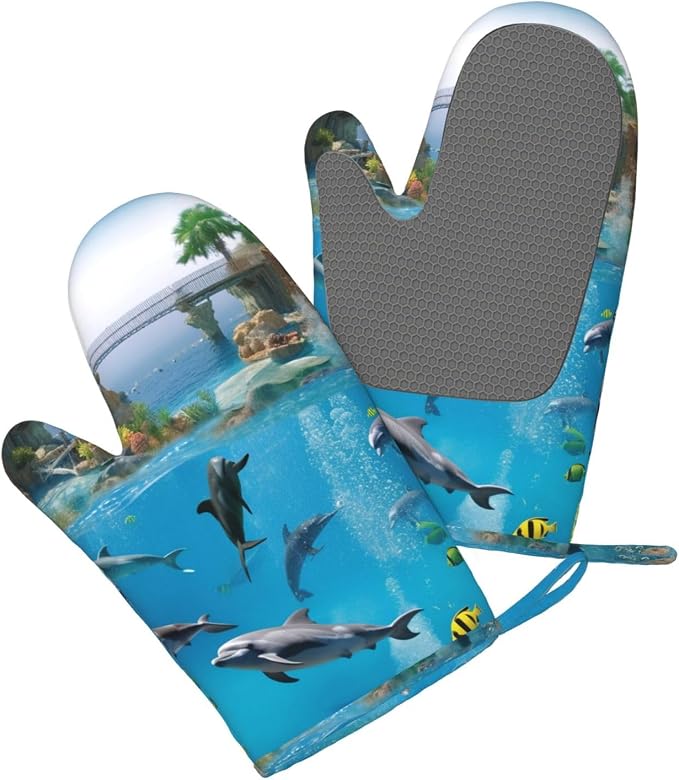 Sea World Print Oven Mitts Set of 2, Heat Resistant Silicone Oven Mittens Gloves - Image 3