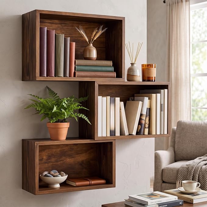 Novabright 3 Set Floating Cube Shelves Wall Mounted Wood Decor, Retro Color | - Image 5