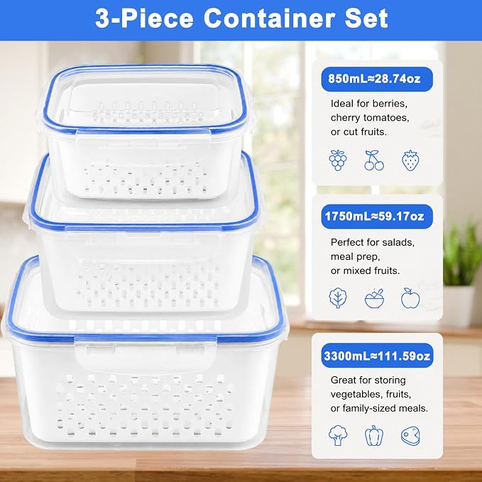 Produce Storage Containers 3-Pack – Colander Basket, Airtight - Image 2