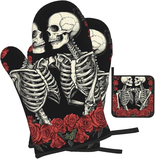 Oven Mitts and Pot Holders Sets of 3 Rose and Skeleton Oven Mitts 3 Pcs Heat by Unknown